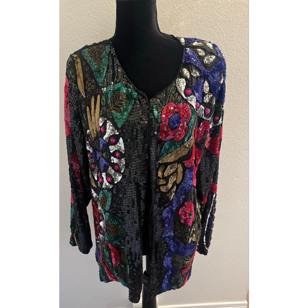VTG 80s Joseph Le Bon Sequined/Beaded/Abstract Floral/Mosaic Silk Jacket Size 3X